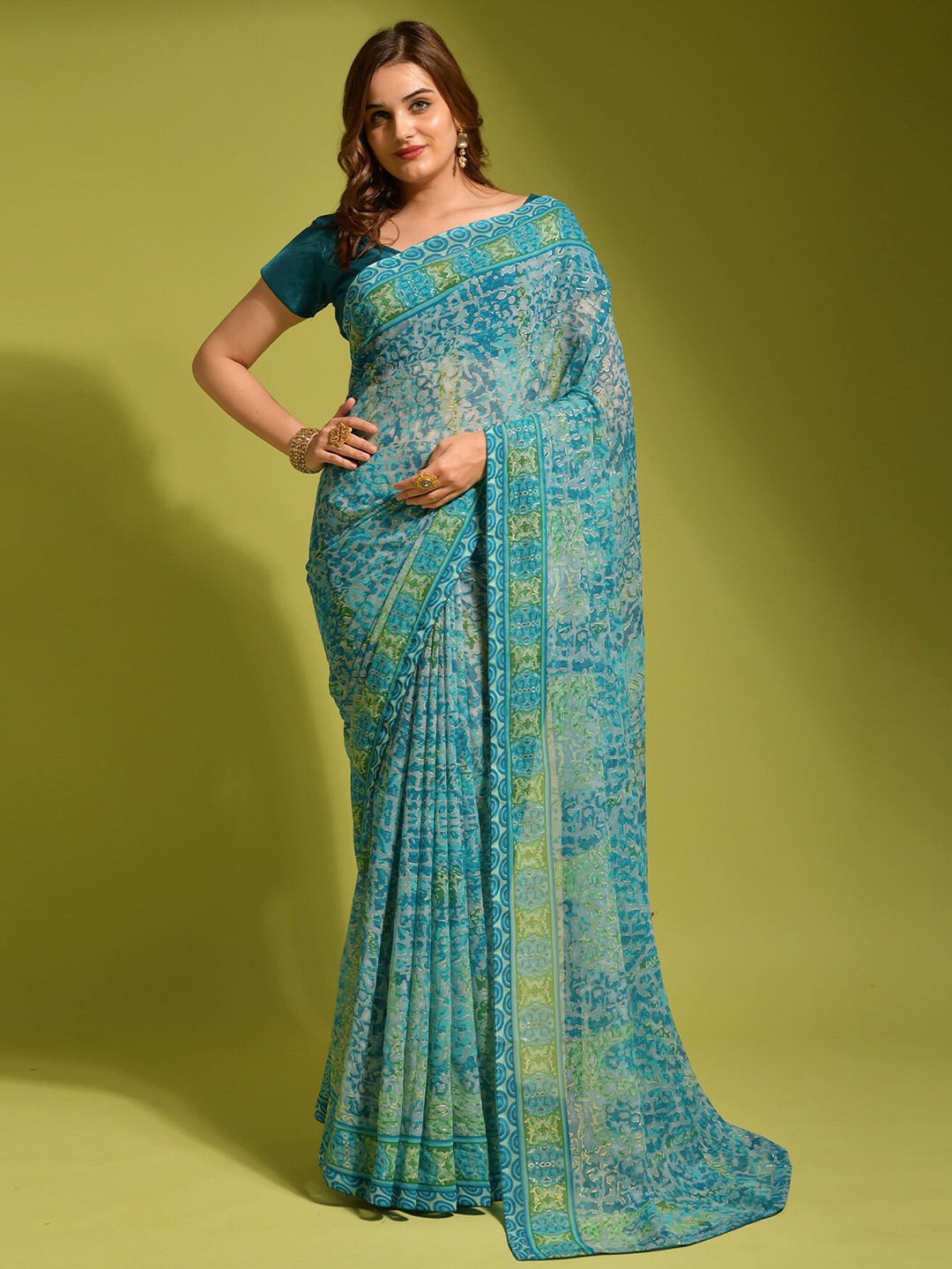 

VEERAX Abstract Printed Pure Georgette Saree, Blue