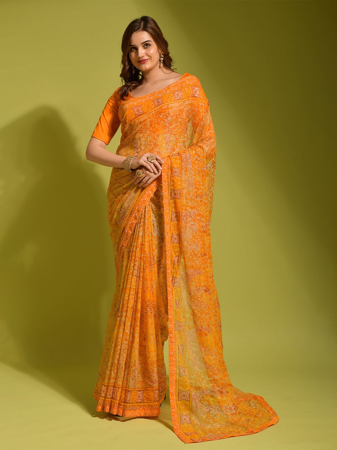 

VEERAX Abstract Printed Pure Georgette Saree, Orange