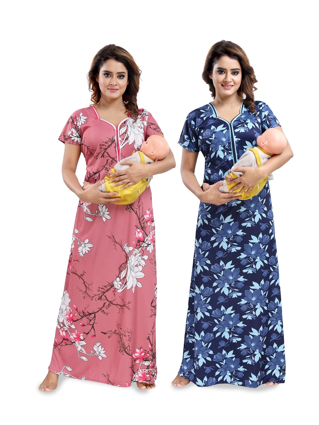 

SHOPPING STATION Pack Of 2 Floral Printed Satin Maternity Maxi Nightdress, Peach