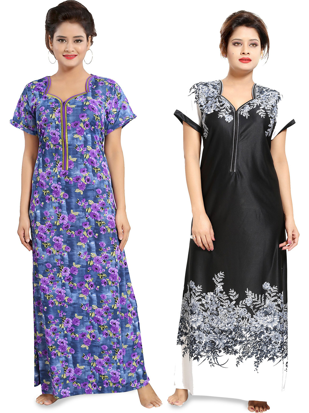 

SHOPPING STATION Pack Of 2 Floral Printed Satin Maxi Nightdress, Blue