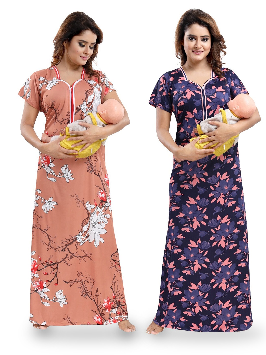 

SHOPPING STATION Pack Of 2 Floral Printed Satin Maternity Maxi Nightdress, Beige