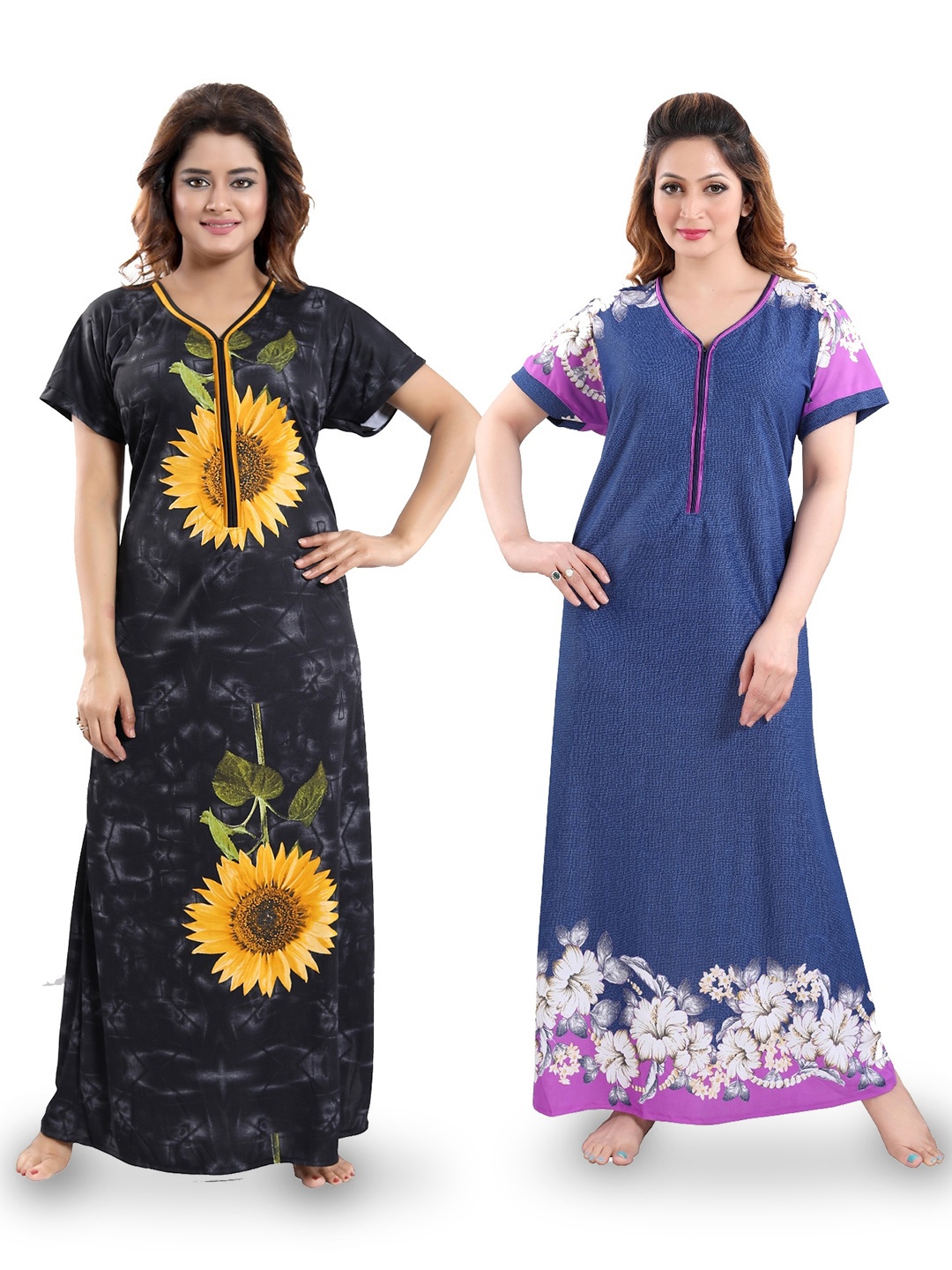 

SHOPPING STATION Pack Of 2 Floral Printed Satin Maxi Nightdress, Black