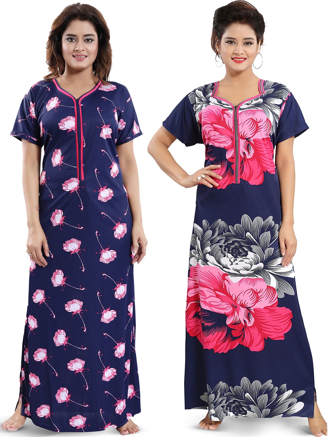 

SHOPPING STATION Pack Of 2 Floral Printed Satin Maxi Nightdress, Blue