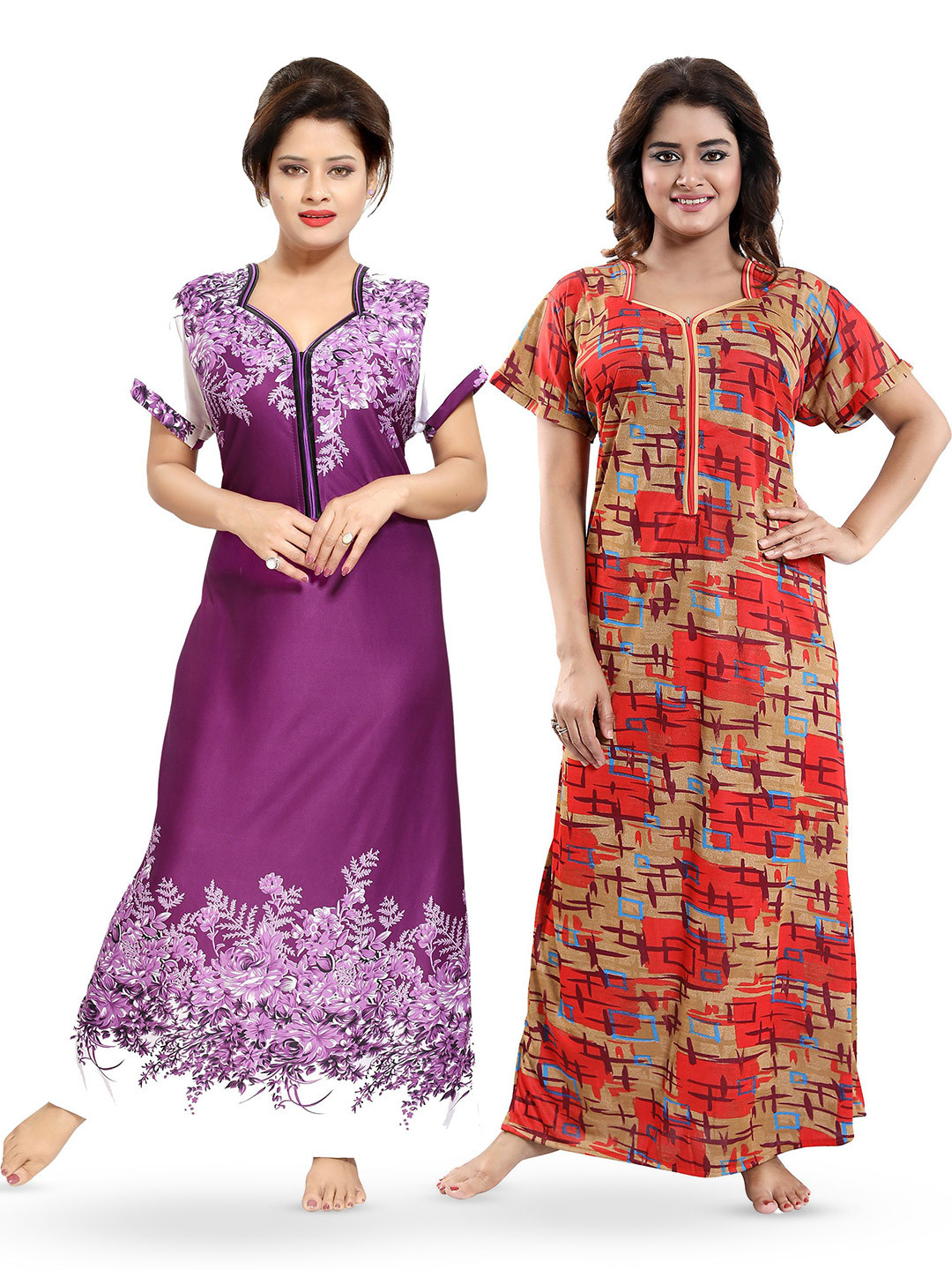

SHOPPING STATION Pack Of 2 Printed V-Neck Satin Maxi Nightdress, Violet