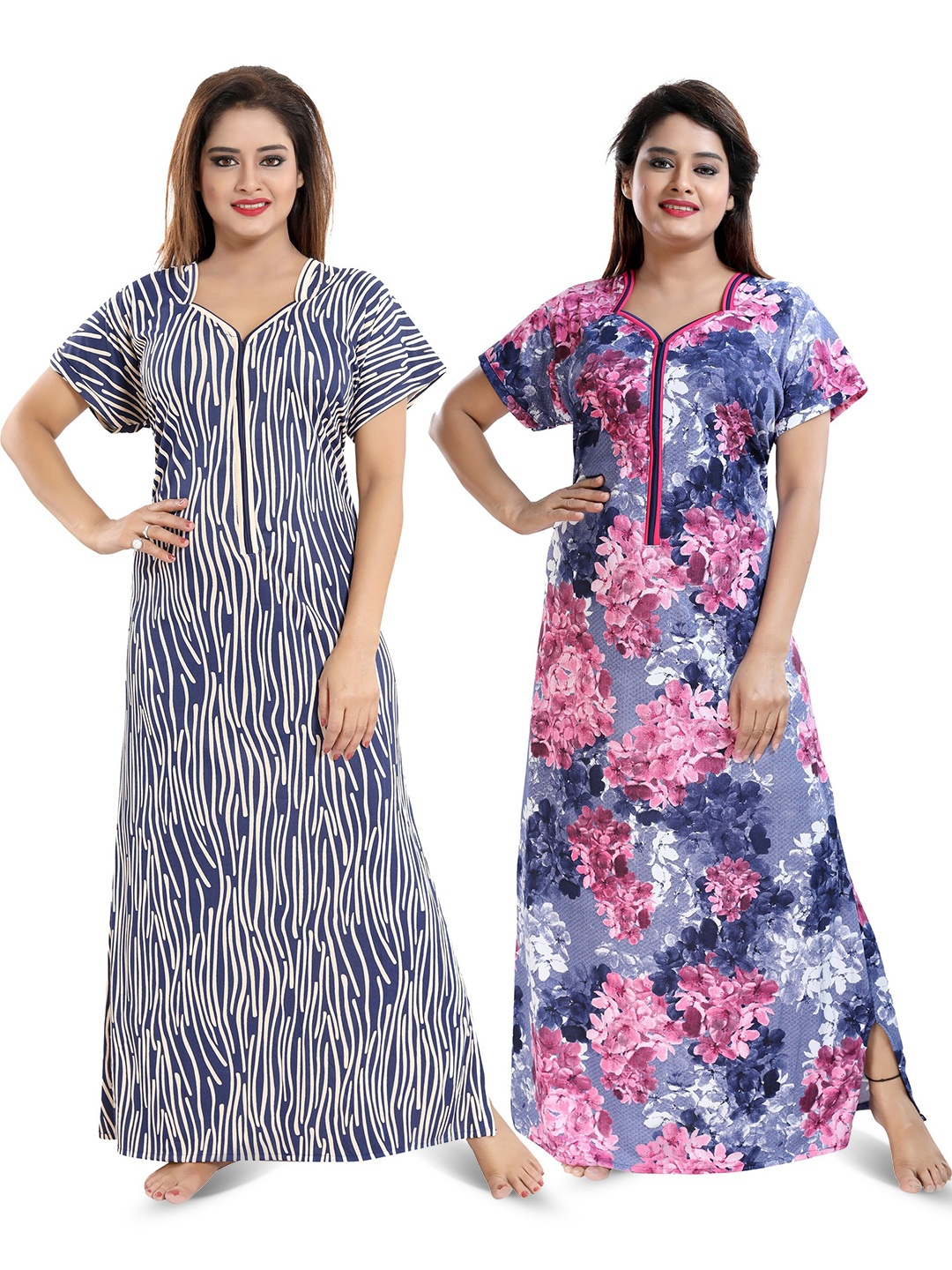 

SHOPPING STATION Pack Of 2 Floral Printed Satin Maxi Nightdress, Blue