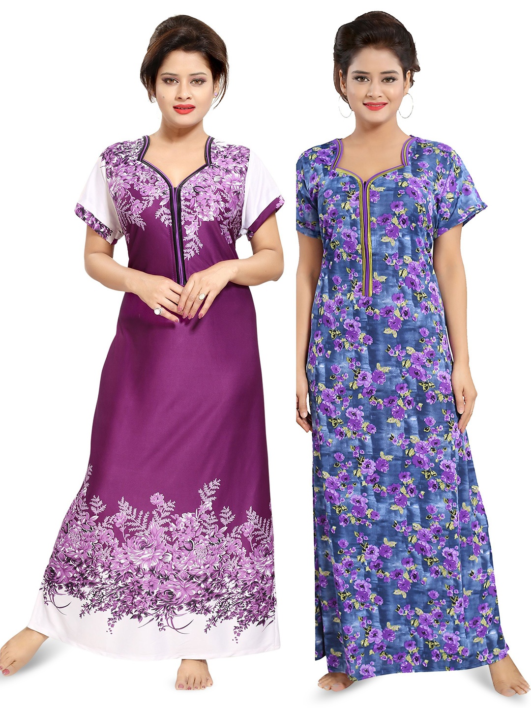 

SHOPPING STATION Pack Of 2 Floral Printed Satin Maxi Nightdress, Blue