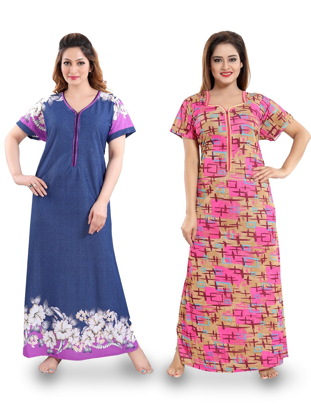 

SHOPPING STATION Pack Of 2 Floral Printed Satin Maxi Nightdress, Blue