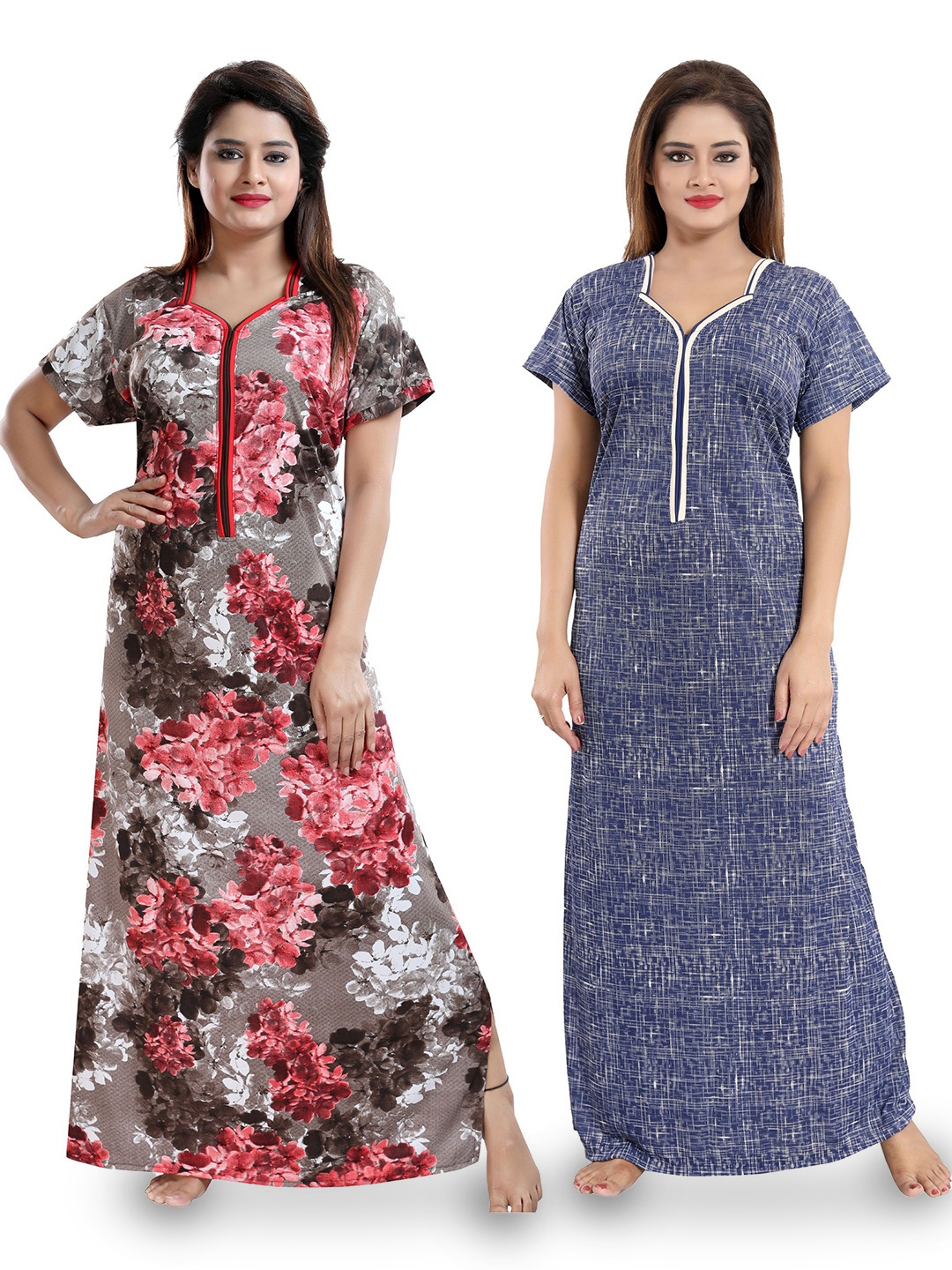 

SHOPPING STATION Pack Of 2 Floral Printed Satin Maxi Nightdress, Blue