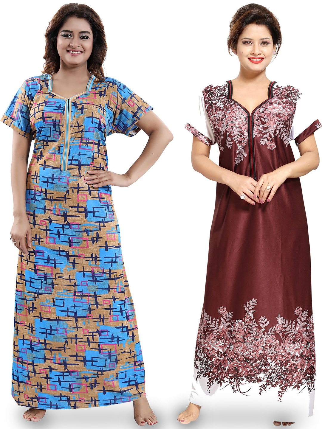SHOPPING STATION Blue Printed Maxi Nightdress