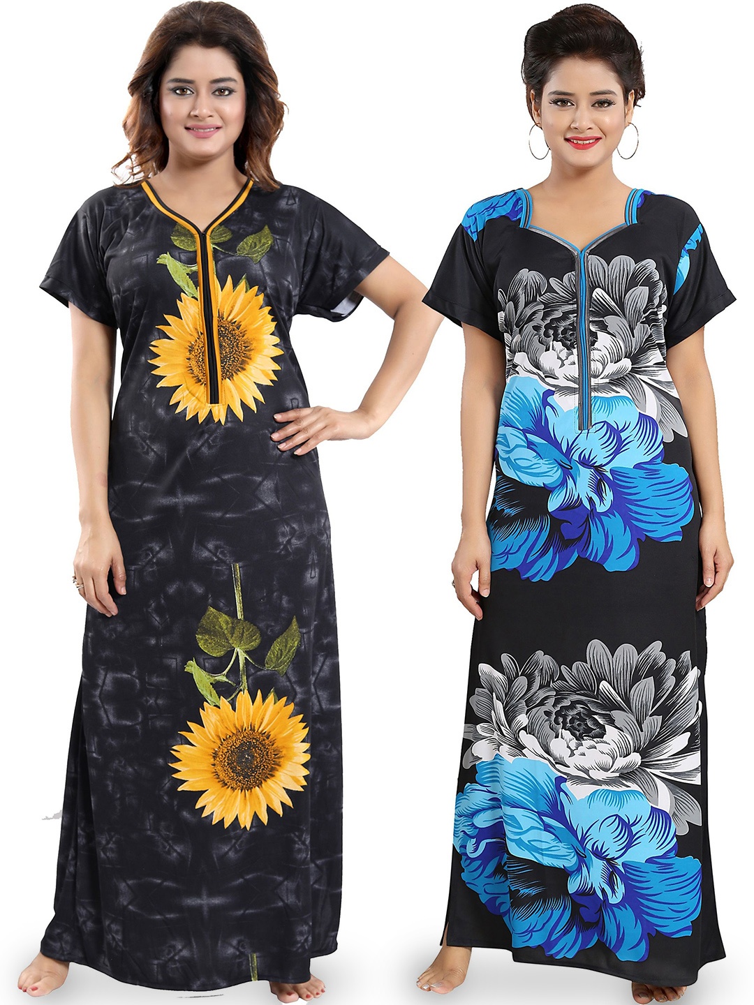 

SHOPPING STATION Pack Of 2 Floral Printed Satin Maxi Nightdress, Black