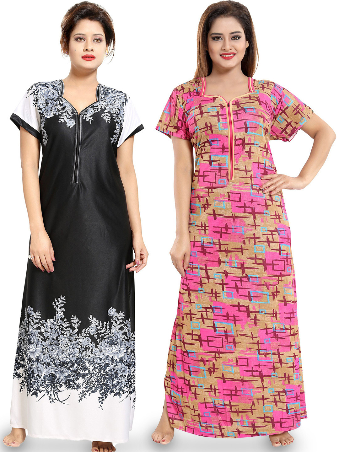 

SHOPPING STATION Pack Of 2 Floral Printed Satin Maxi Nightdress, Black
