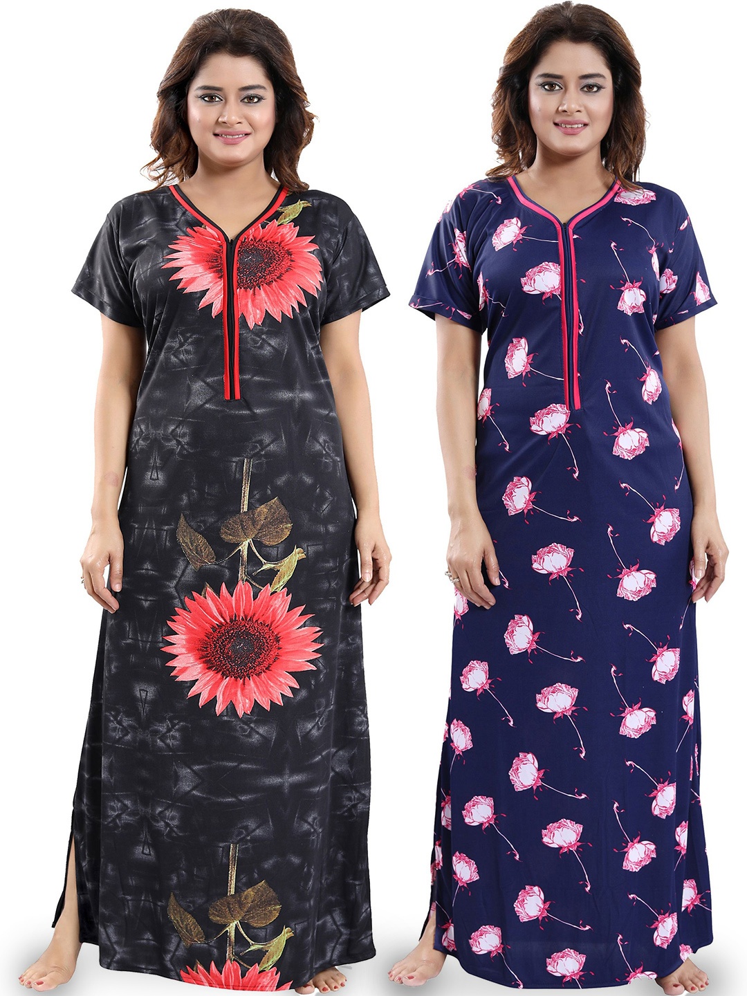 

SHOPPING STATION Pack Of 2 Floral Printed Satin Maxi Nightdress, Black