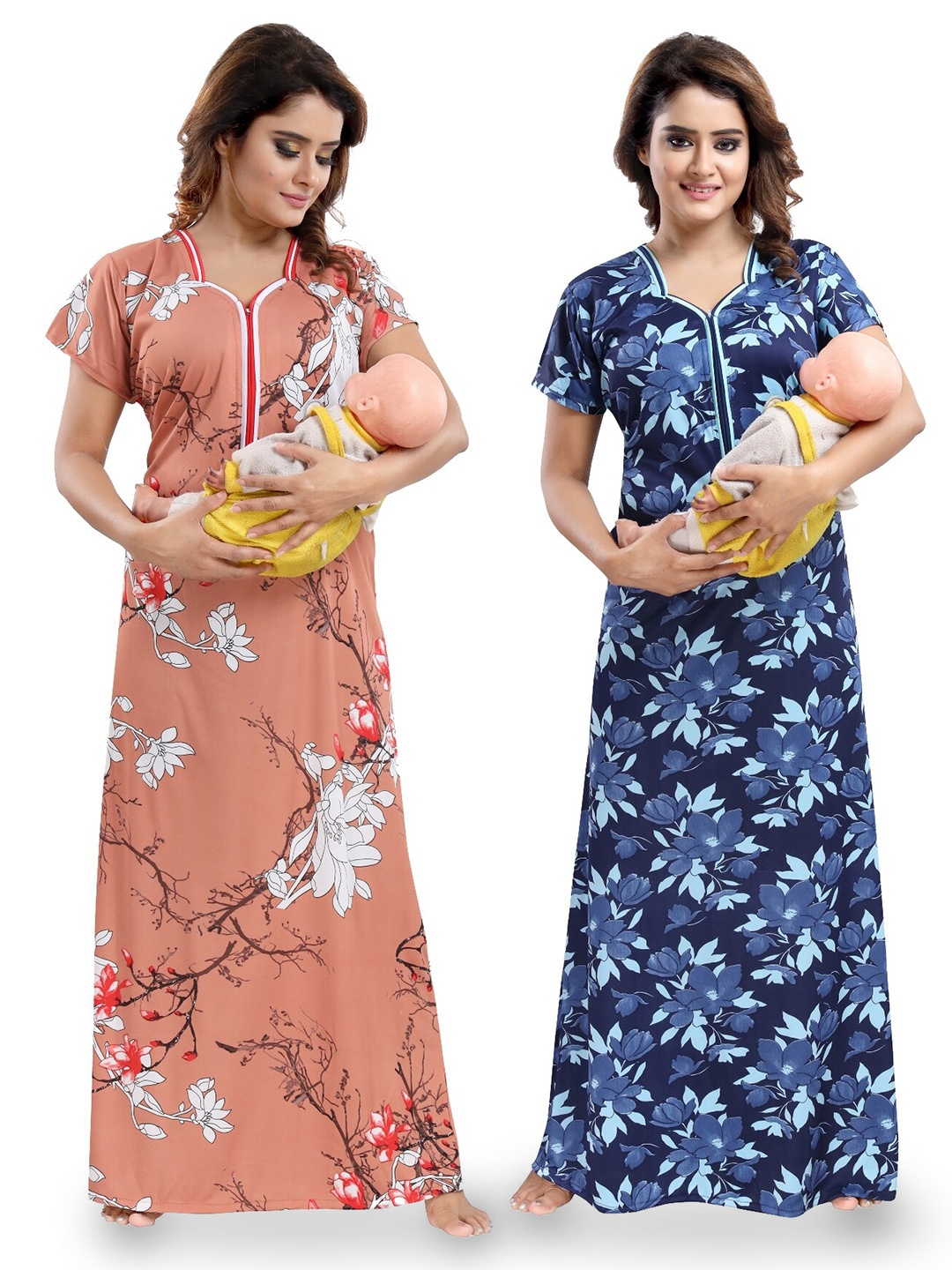 

SHOPPING STATION Pack Of 2 Floral Printed Satin Maternity Maxi Nightdress, Blue