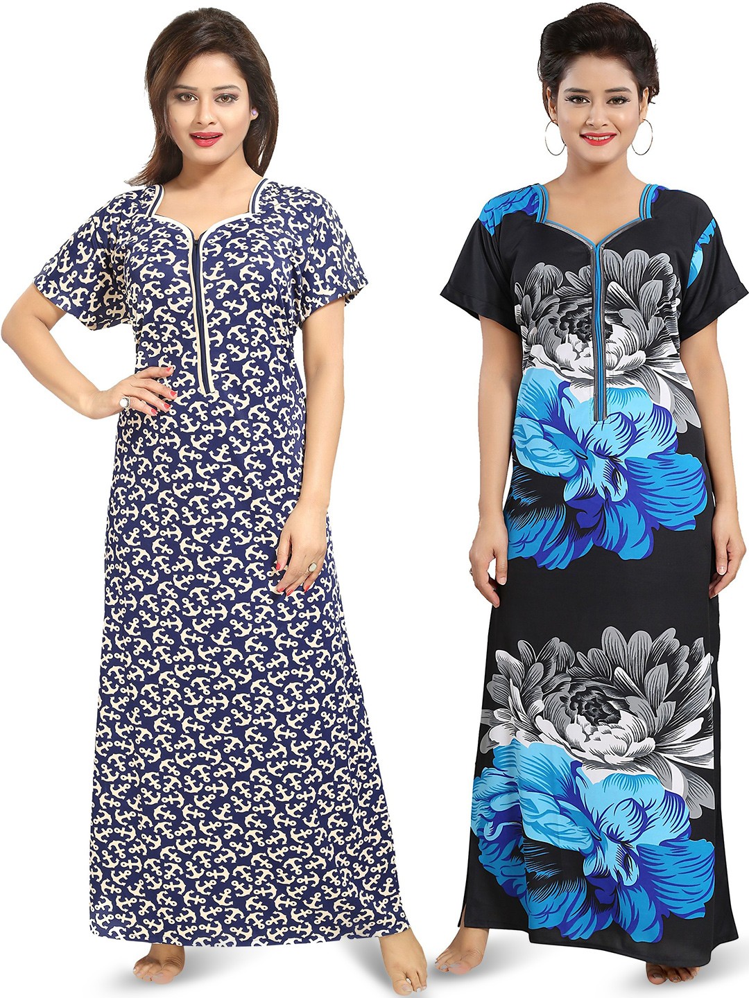 

SHOPPING STATION Pack Of 2 Floral Printed Satin Maxi Nightdress, Black