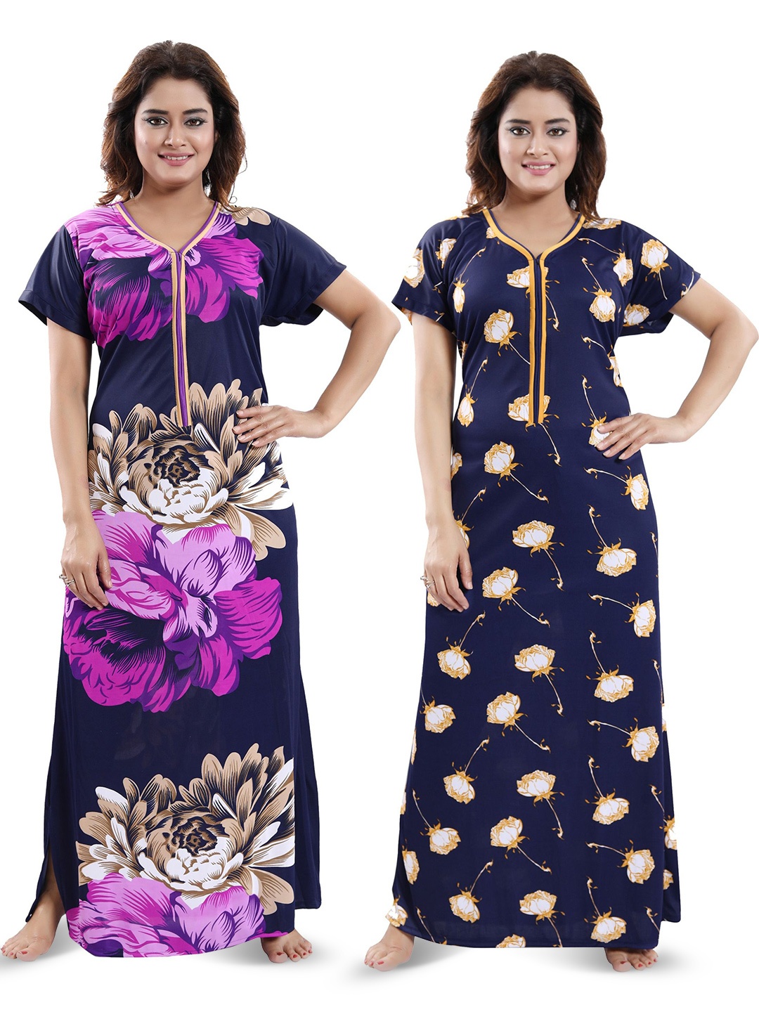 

SHOPPING STATION Pack Of 2 Floral Printed Satin Maxi Nightdress, Blue