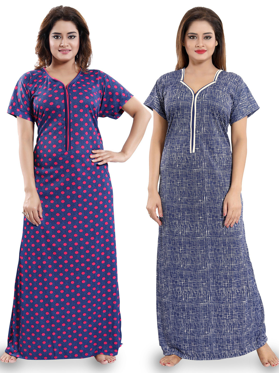 

SHOPPING STATION Pack Of 2 Polka Dots Printed Satin Maxi Nightdress, Purple