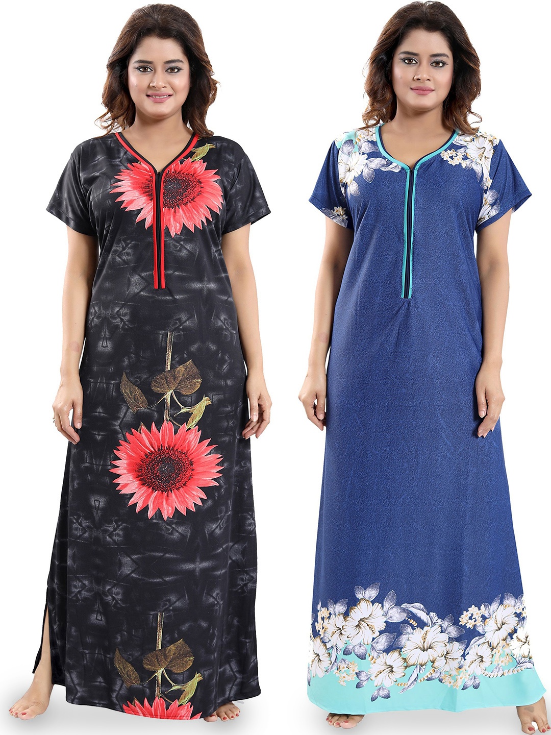 

SHOPPING STATION Pack Of 2 Floral Printed Satin Maxi Nightdress, Black