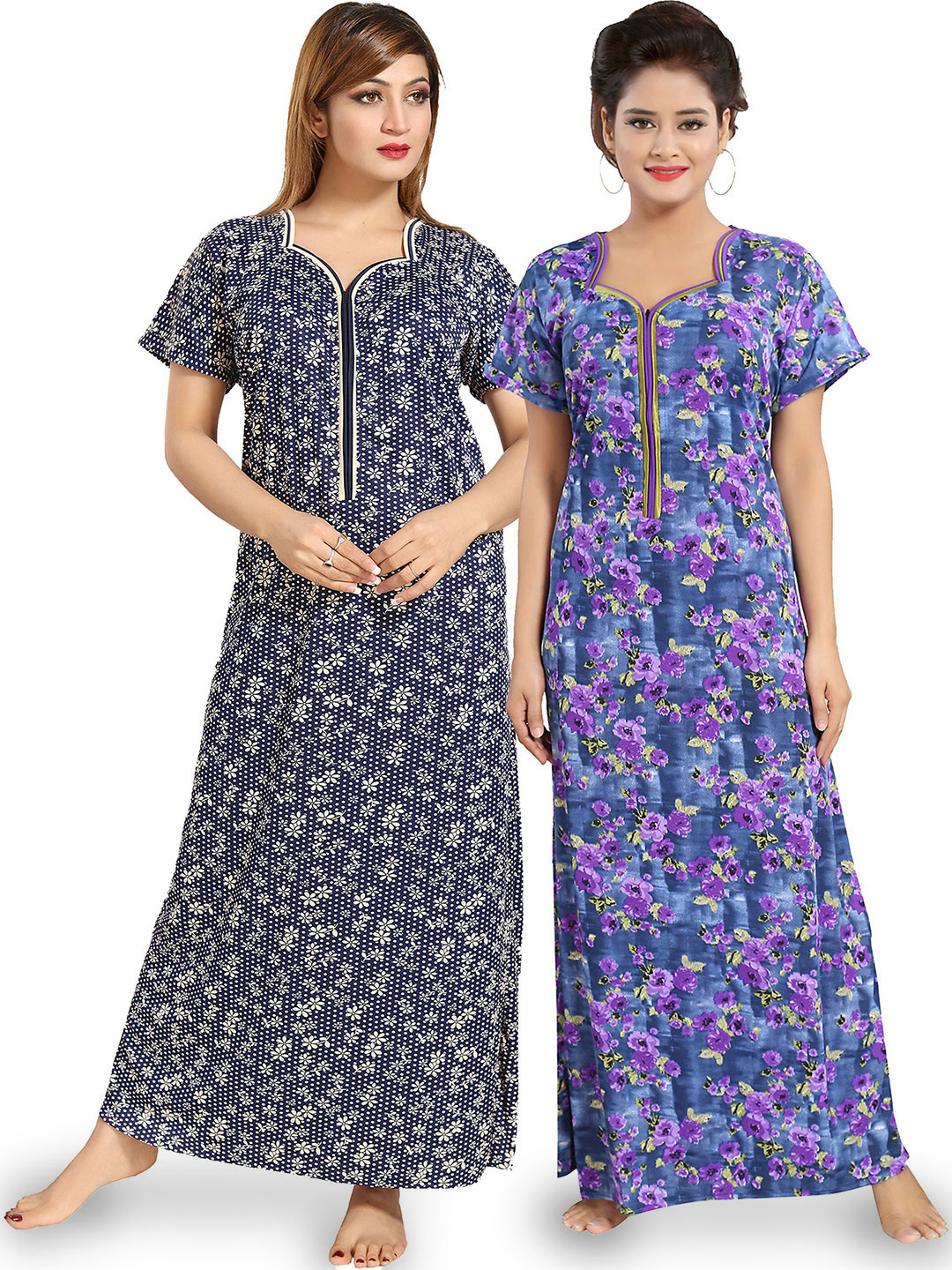 

SHOPPING STATION Pack Of 2 Floral Printed Satin Maxi Nightdress, Navy blue