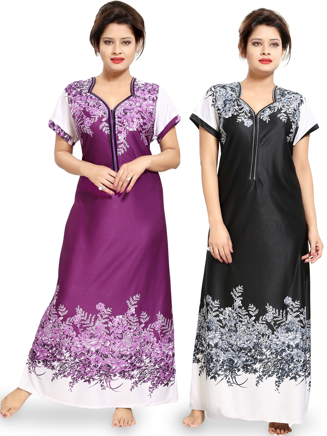 

SHOPPING STATION Pack Of 2 Floral Printed Satin Maxi Nightdress, Magenta