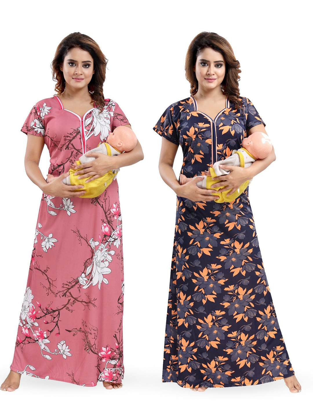 

SHOPPING STATION Pack Of 2 Floral Printed Satin Maternity Maxi Nightdress, Pink