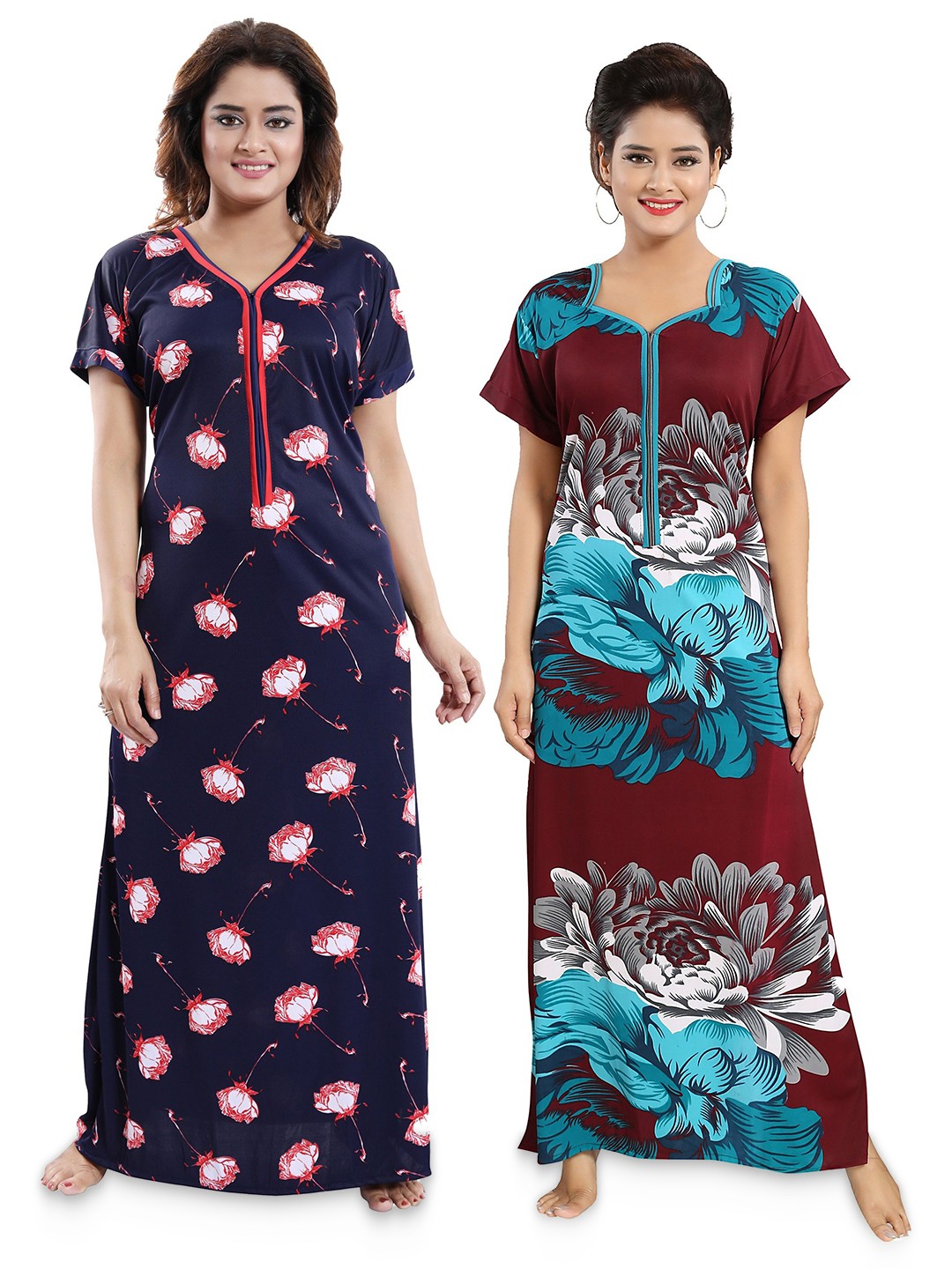 

SHOPPING STATION Pack Of 2 Floral Printed Satin Maxi Nightdress, Blue
