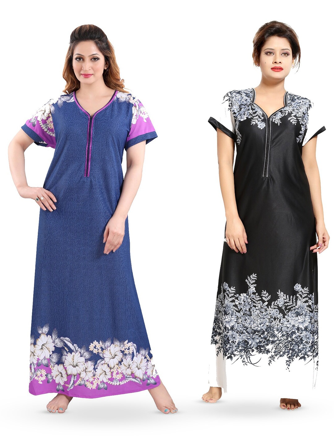 

SHOPPING STATION Pack Of 2 Floral Printed V-Neck Satin Maxi Nightdress, Navy blue
