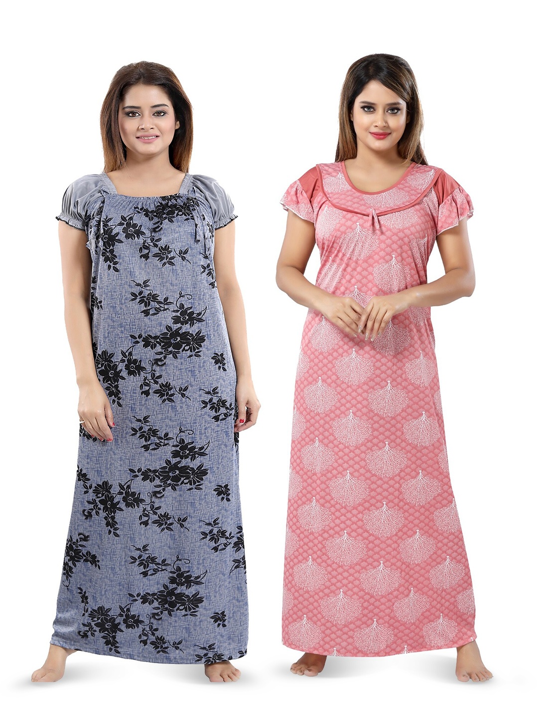 

SHOPPING STATION Pack Of 2 Floral Printed Satin Maxi Nightdress, Grey