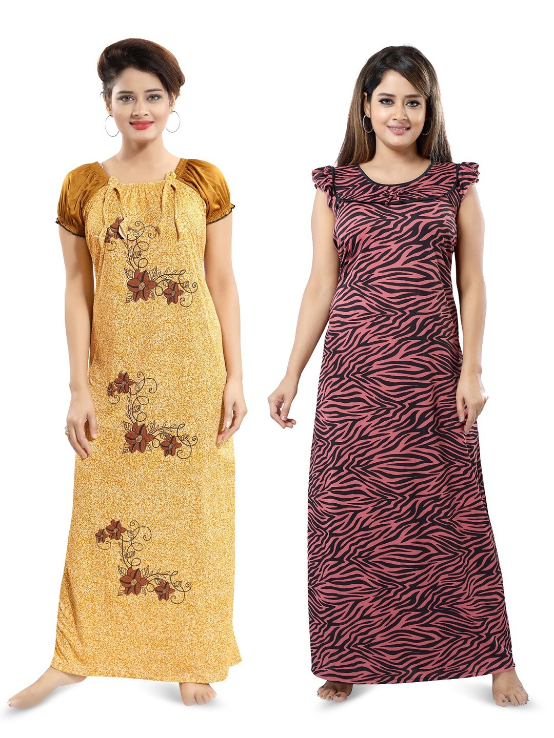 

SHOPPING STATION Pack Of 2 Floral Printed Satin Maxi Nightdress, Yellow