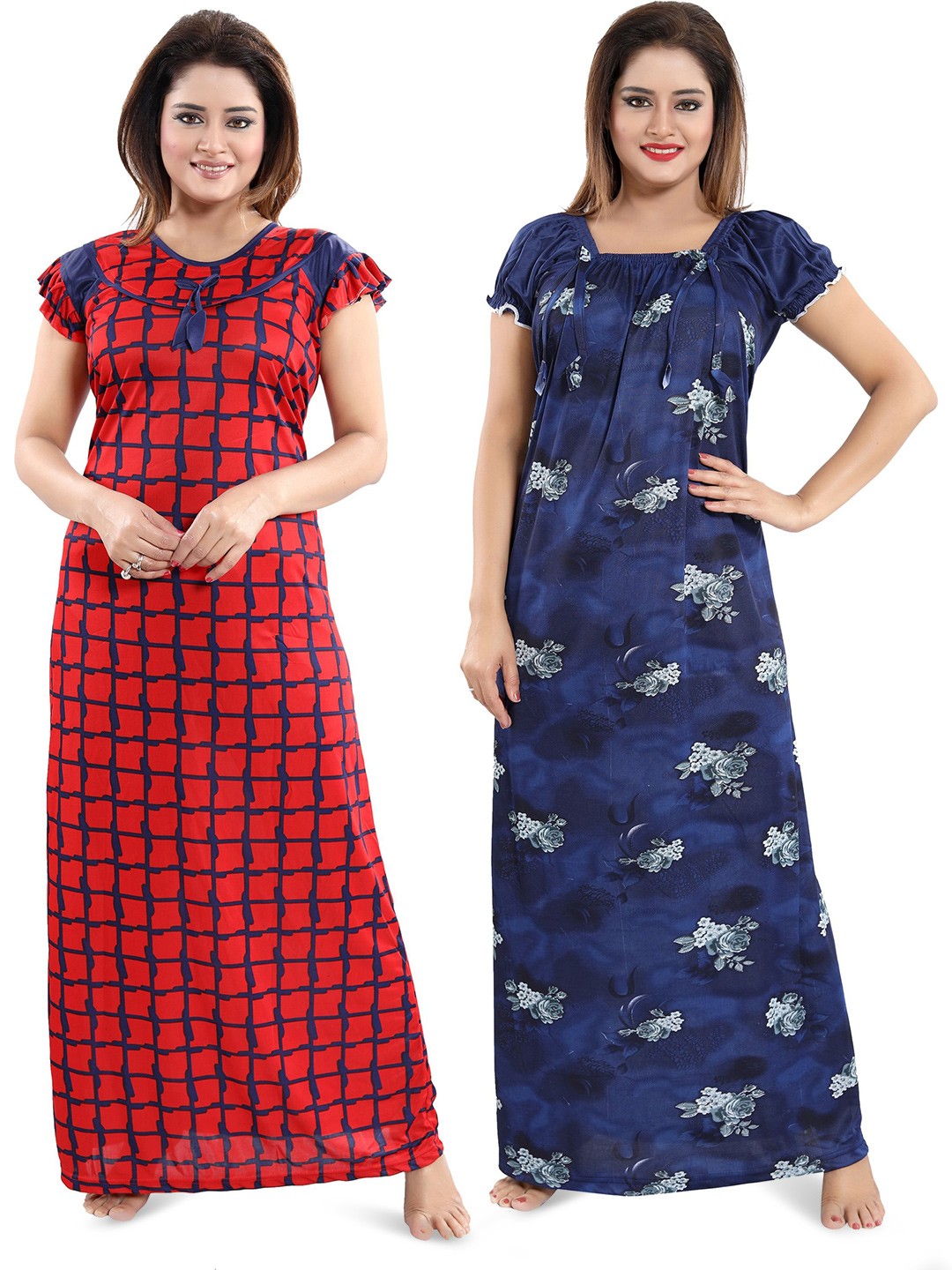 

SHOPPING STATION Pack Of 2 Floral Printed Satin Maxi Nightdress, Red