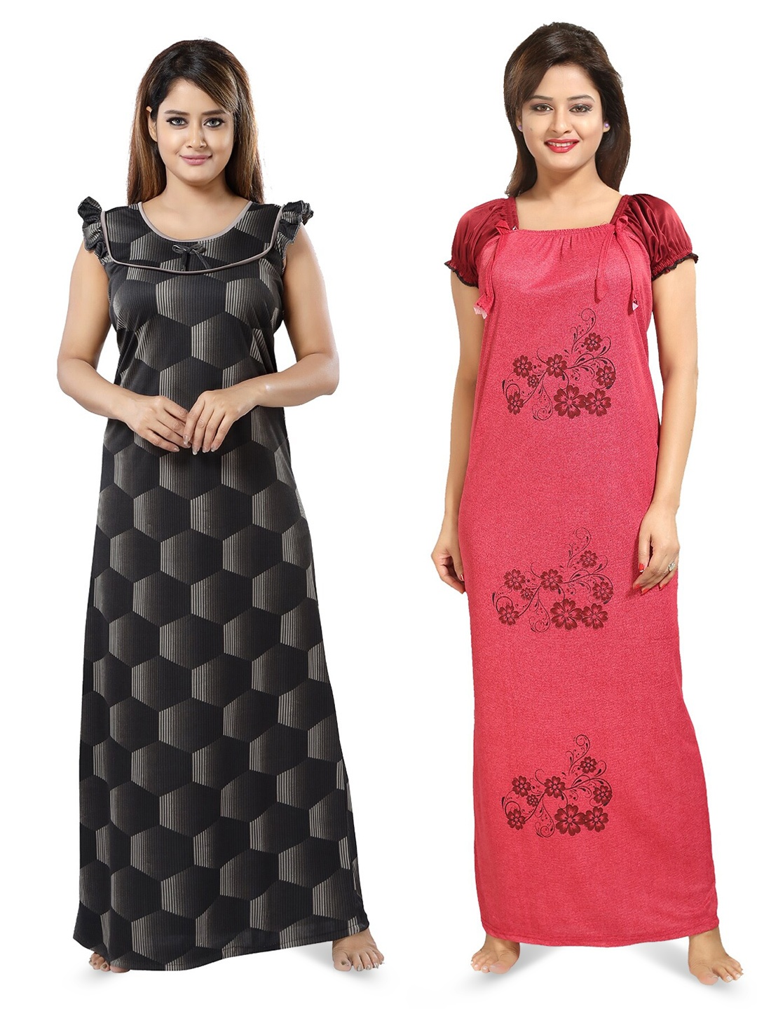 

SHOPPING STATION Pack Of 2 Floral Printed Satin Maxi Nightdress, Black