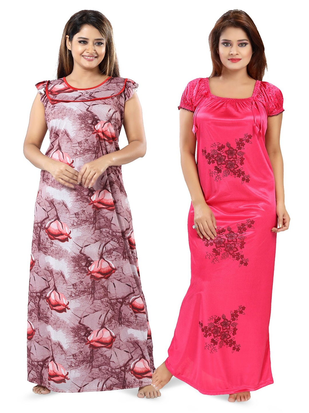 

SHOPPING STATION Pack Of 2 Floral Printed Satin Maxi Nightdress, Pink