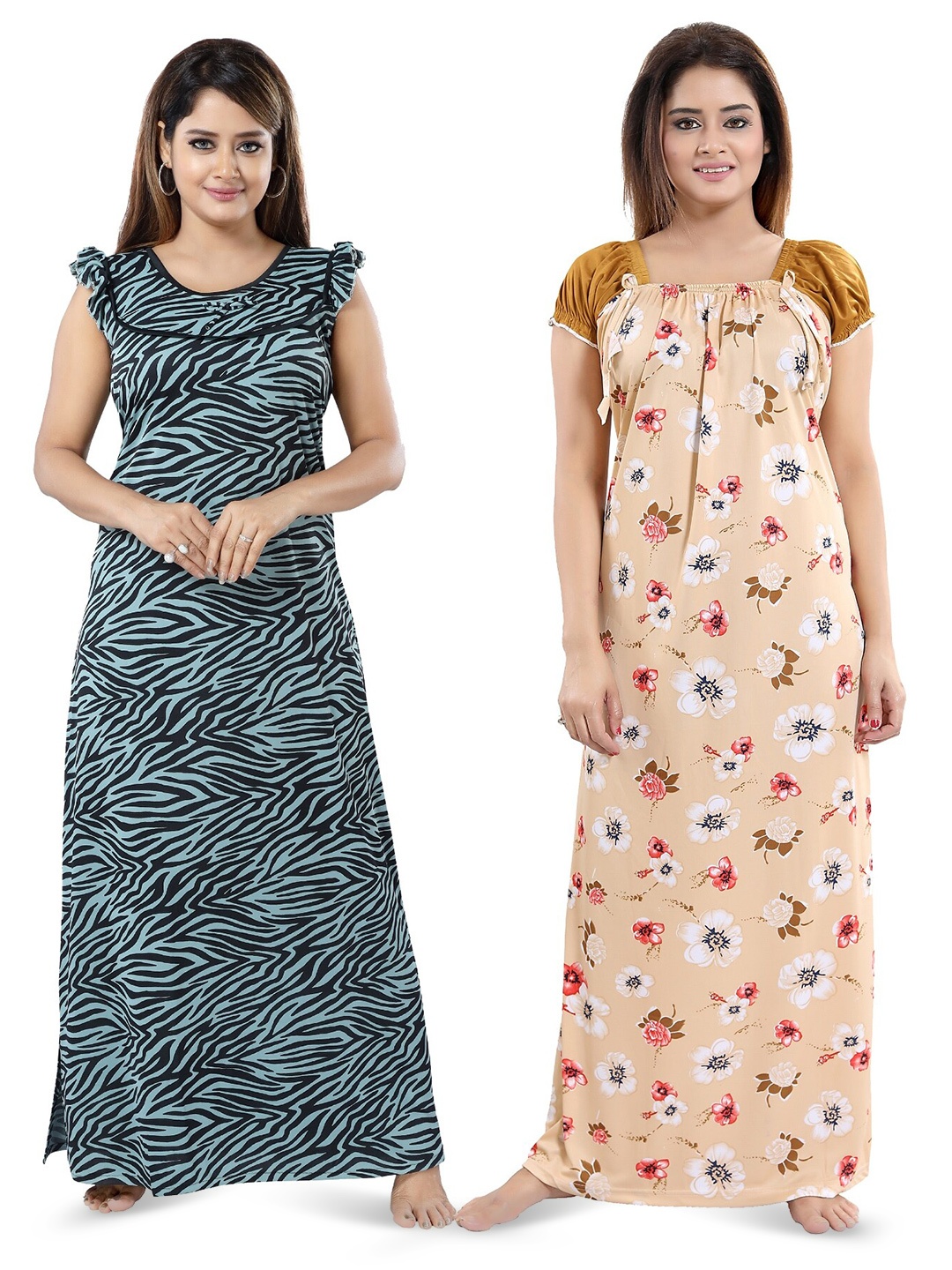 

SHOPPING STATION Pack Of 2 Floral Printed Satin Maxi Nightdress, Green