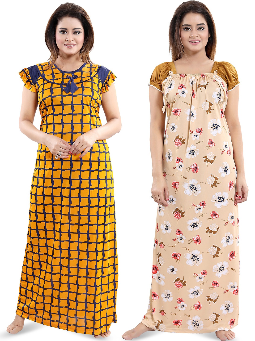 

SHOPPING STATION Pack Of 2 Floral Printed Satin Maxi Nightdress, Yellow