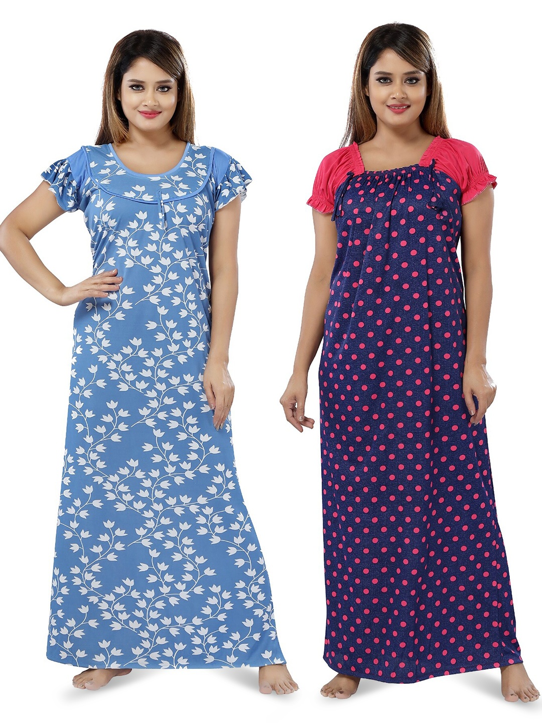 

SHOPPING STATION Pack Of 2 Floral Printed Satin Maxi Nightdress, Blue