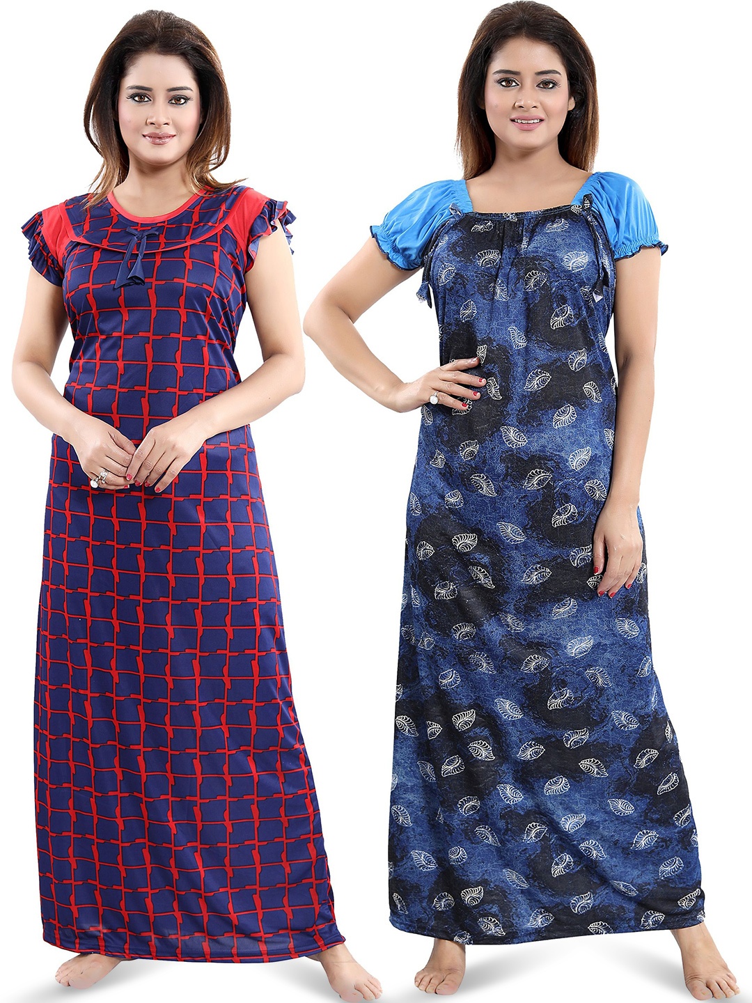 

SHOPPING STATION Pack Of 2 Floral Printed Satin Maxi Nightdress, Blue