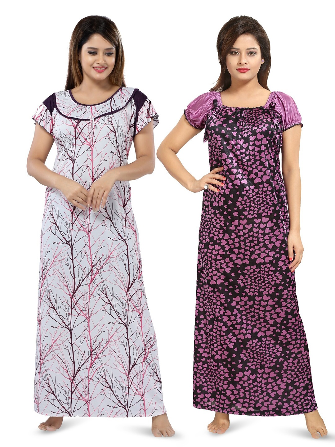

SHOPPING STATION Pack Of 2 Conversational Printed Satin Maxi Nightdress, White