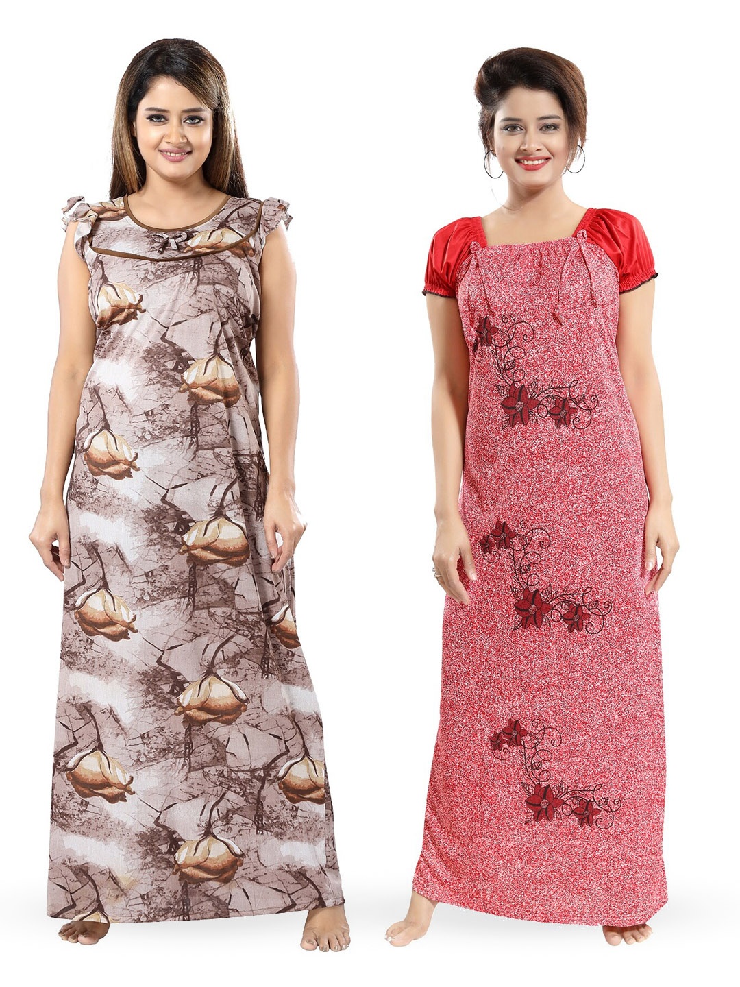 

SHOPPING STATION Pack Of 2 Floral Printed Satin Maxi Nightdress, Brown