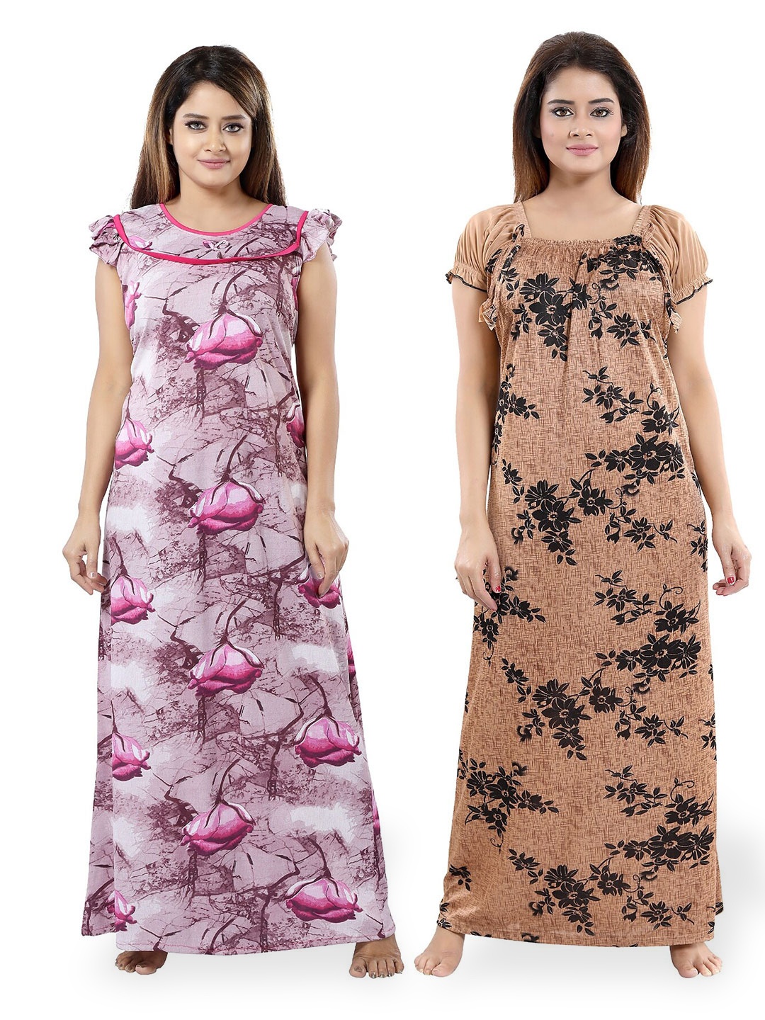 

SHOPPING STATION Pack Of 2 Floral Printed Satin Maxi Nightdress, Pink