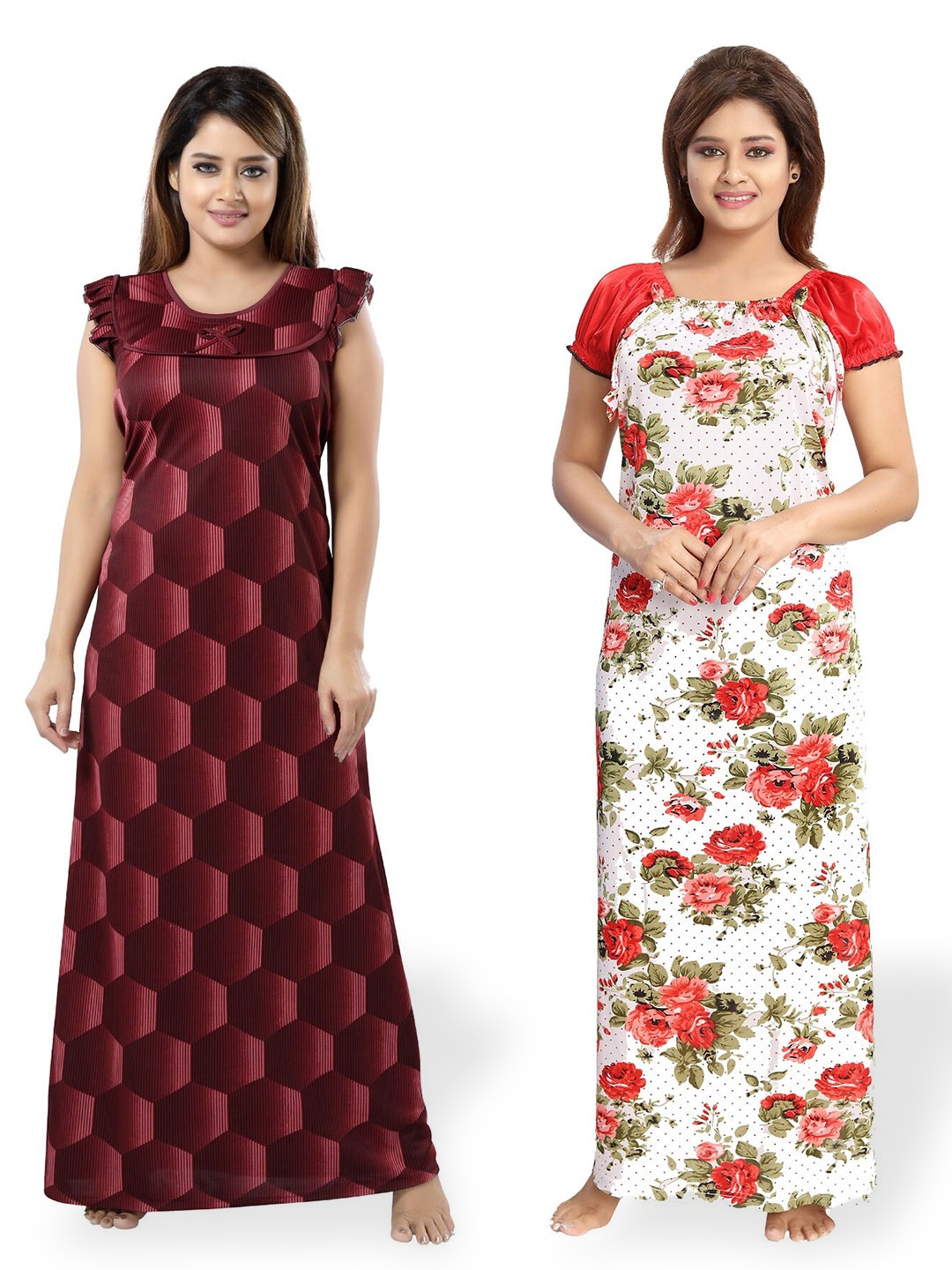 

SHOPPING STATION Pack Of 2 Floral Printed Satin Maxi Nightdress, Maroon