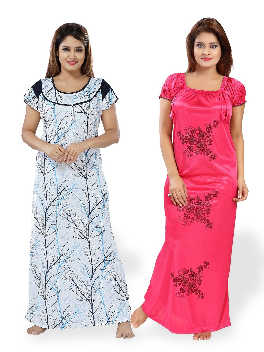 

SHOPPING STATION Pack Of 2 Floral Printed Satin Maxi Nightdress, White