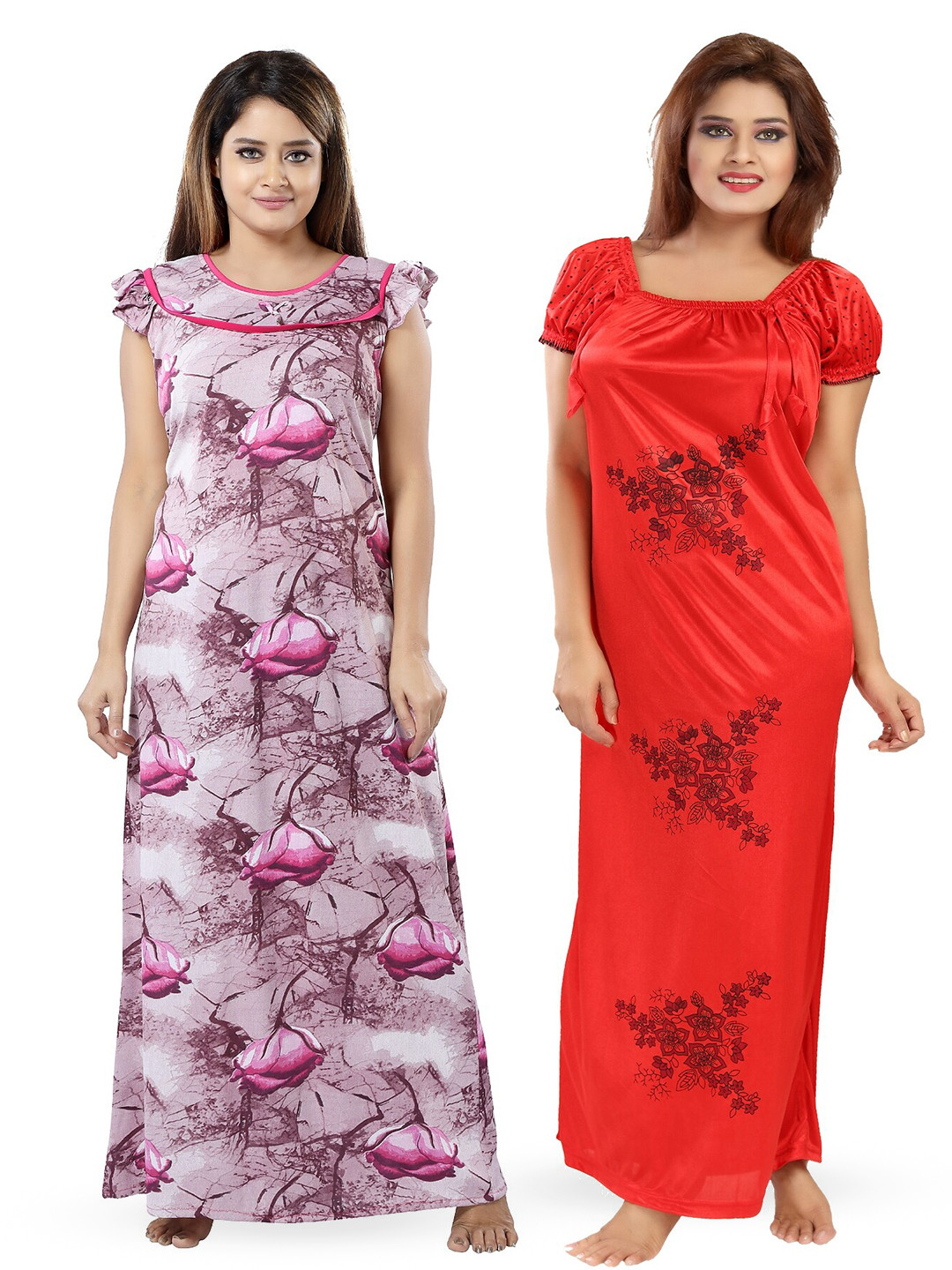 

SHOPPING STATION Pack Of 2 Floral Printed Satin Maxi Nightdress, Purple