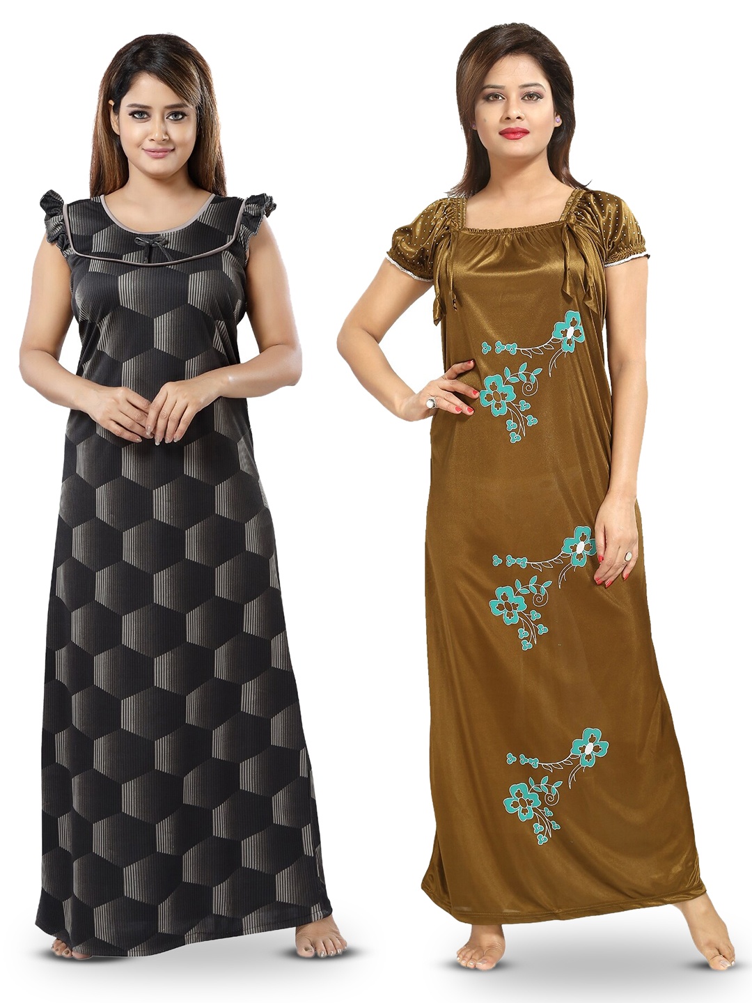 SHOPPING STATION Pack Of 2 Floral Printed Satin Maxi Nightdress, Brown