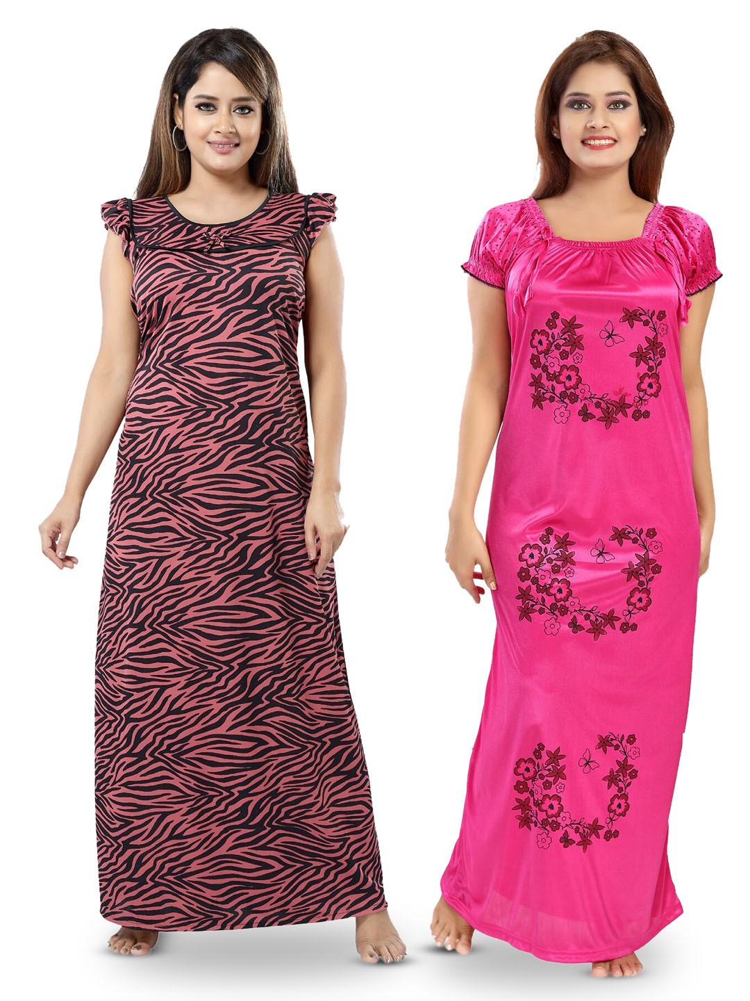 

SHOPPING STATION Pack Of 2 Floral Printed Satin Maxi Nightdress, Pink