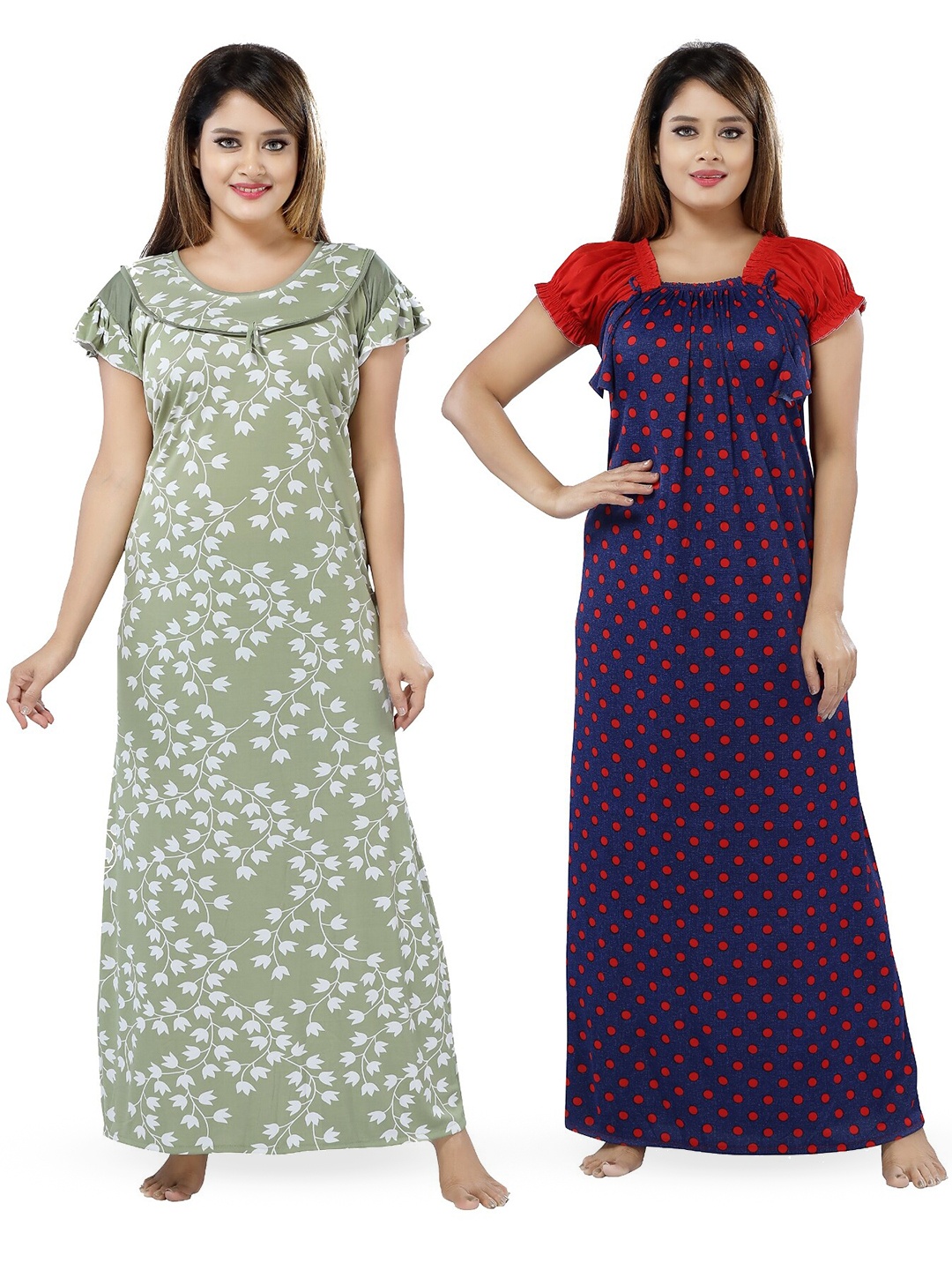 

SHOPPING STATION Pack Of 2 Floral Printed Satin Maxi Nightdress, Green