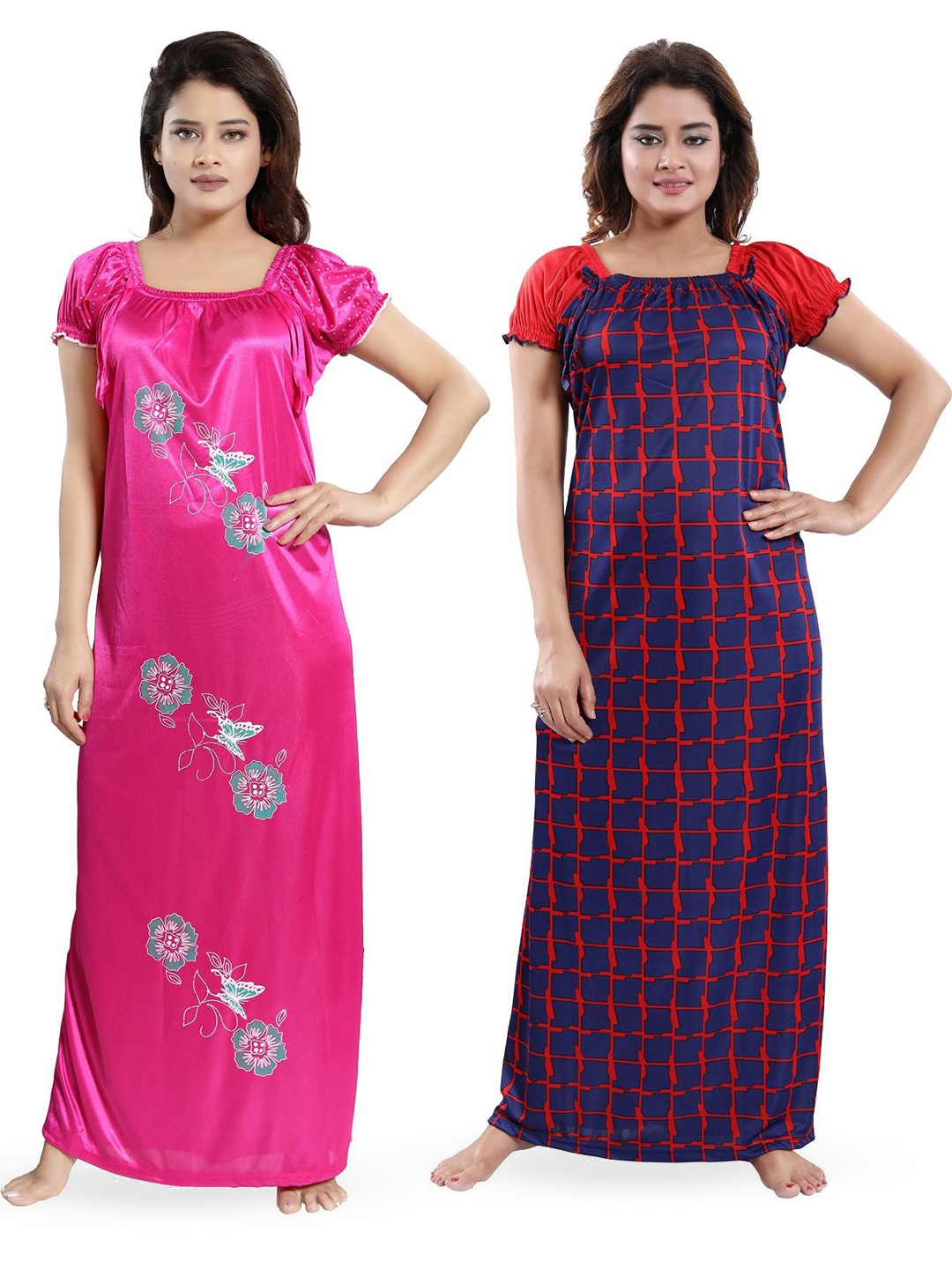 

SHOPPING STATION Pack Of 2 Floral Printed Satin Maxi Nightdress, Blue