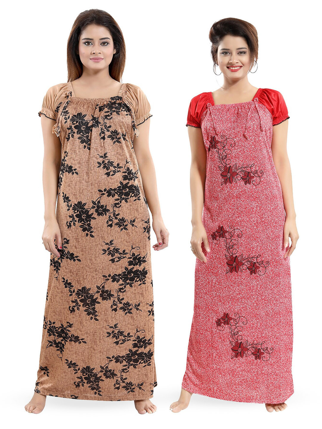 

SHOPPING STATION Pack Of 2 Floral Printed Satin Maxi Nightdress, Brown
