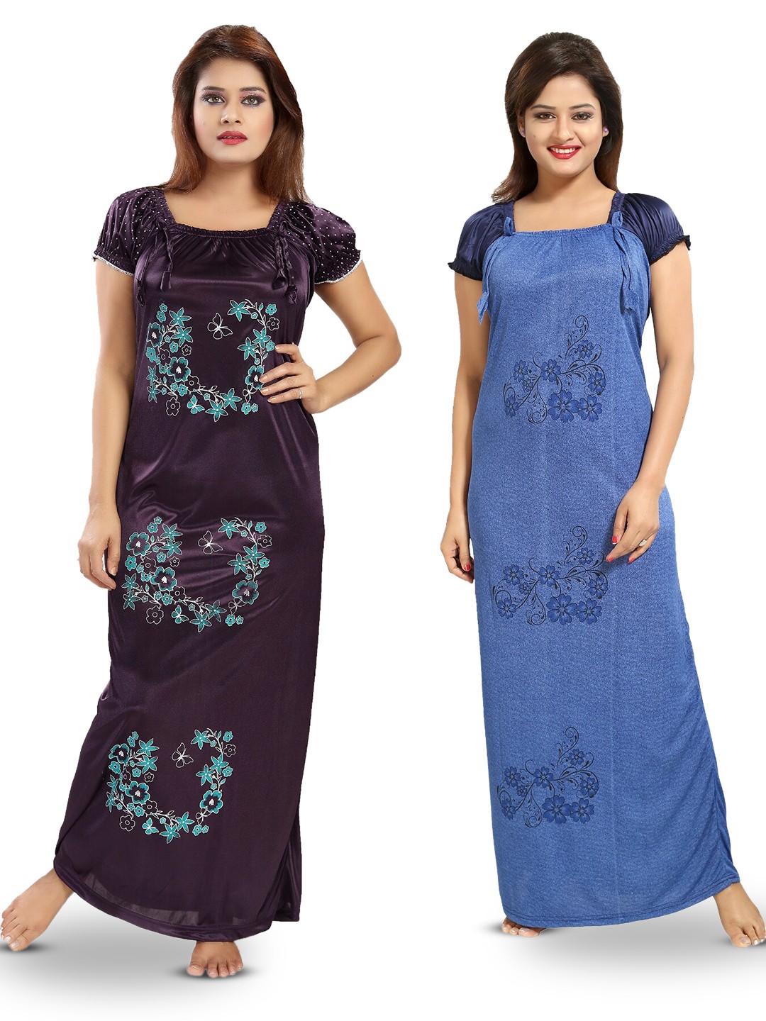 

SHOPPING STATION Pack Of 2 Floral Printed Satin Maxi Nightdress, Burgundy