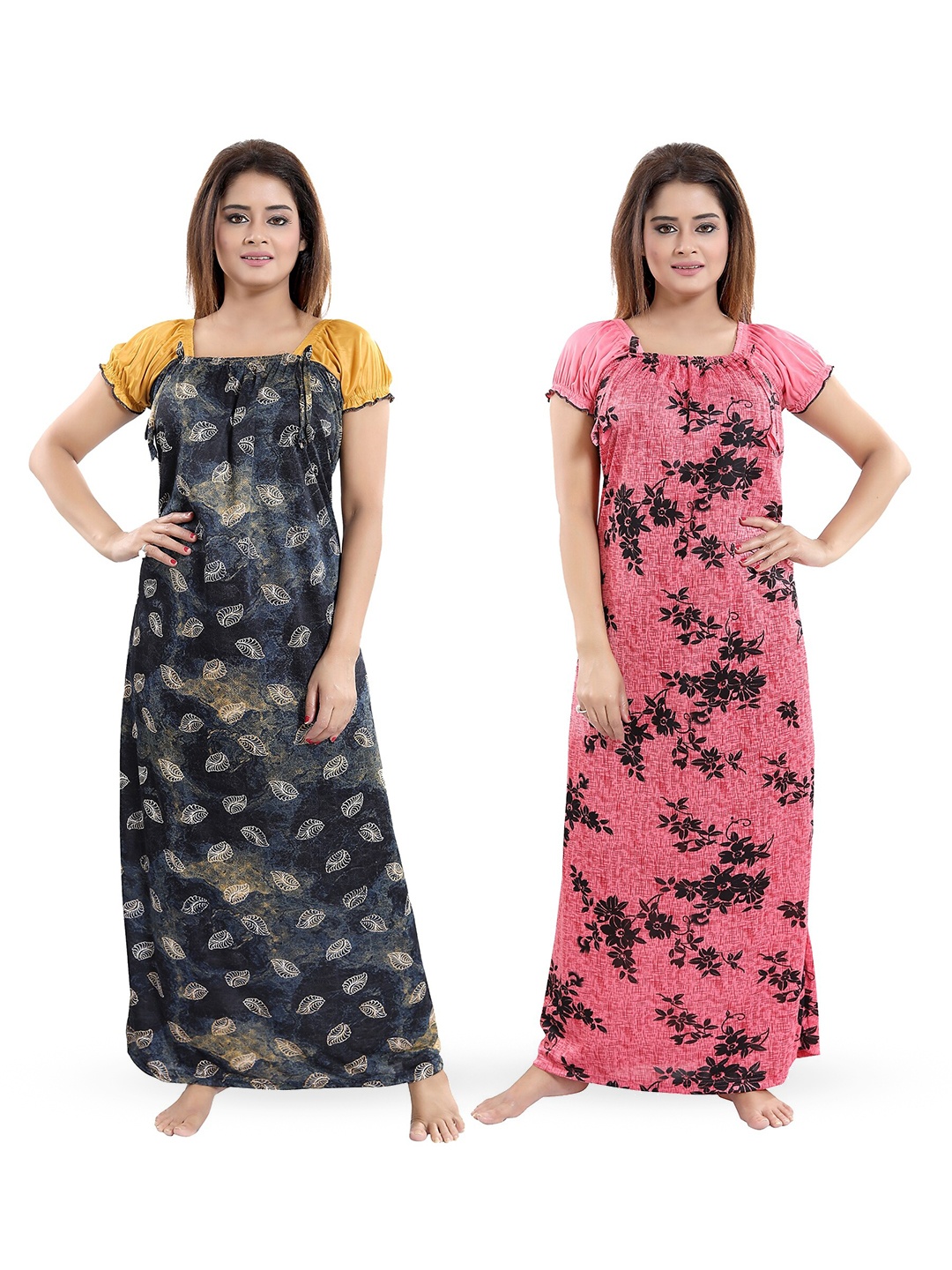 

SHOPPING STATION Pack Of 2 Floral Printed Satin Maxi Nightdress, Black