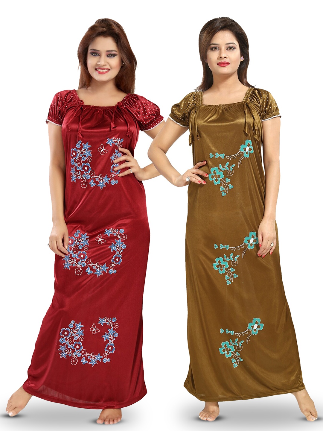 

SHOPPING STATION Pack Of 2 Floral Printed Satin Maxi Nightdress, Red