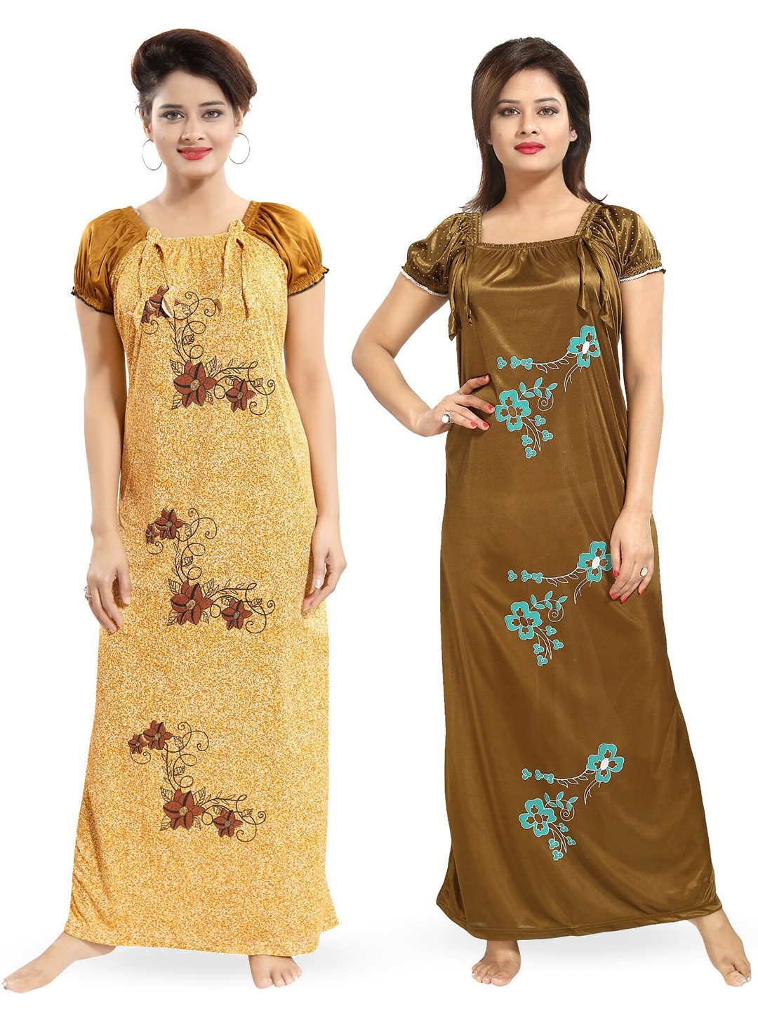 

SHOPPING STATION Pack Of 2 Floral Printed Satin Maxi Nightdress, Brown